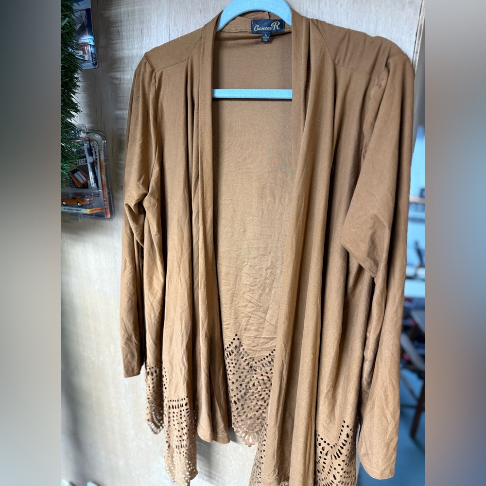 Brown Open-Front Sweater with Lace Detail